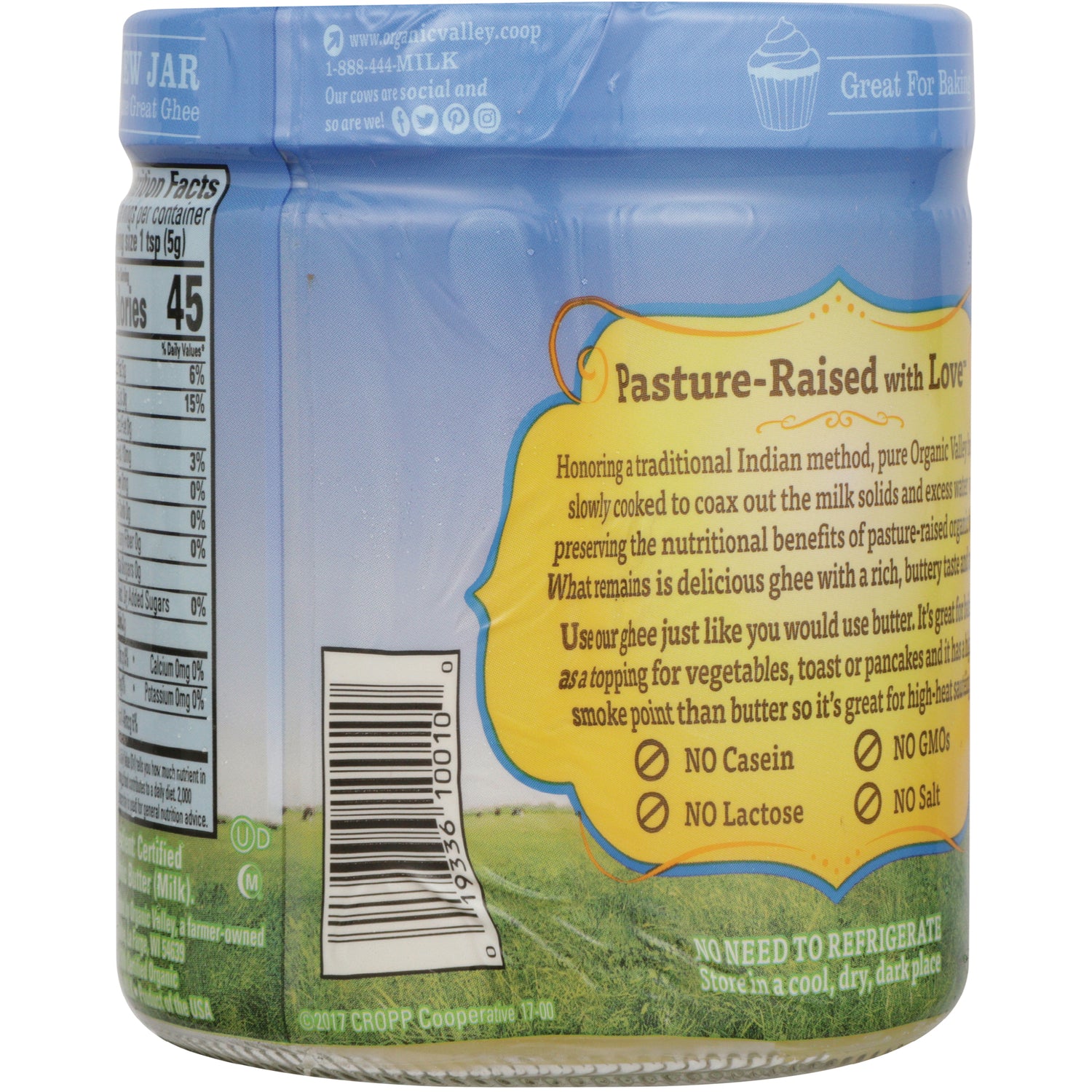 PUF001 | Back of jar label reading Pasture-Raised with Love, barcode, partial nutrition facts, and No Casein No Lactose No GMOs No Salt icons