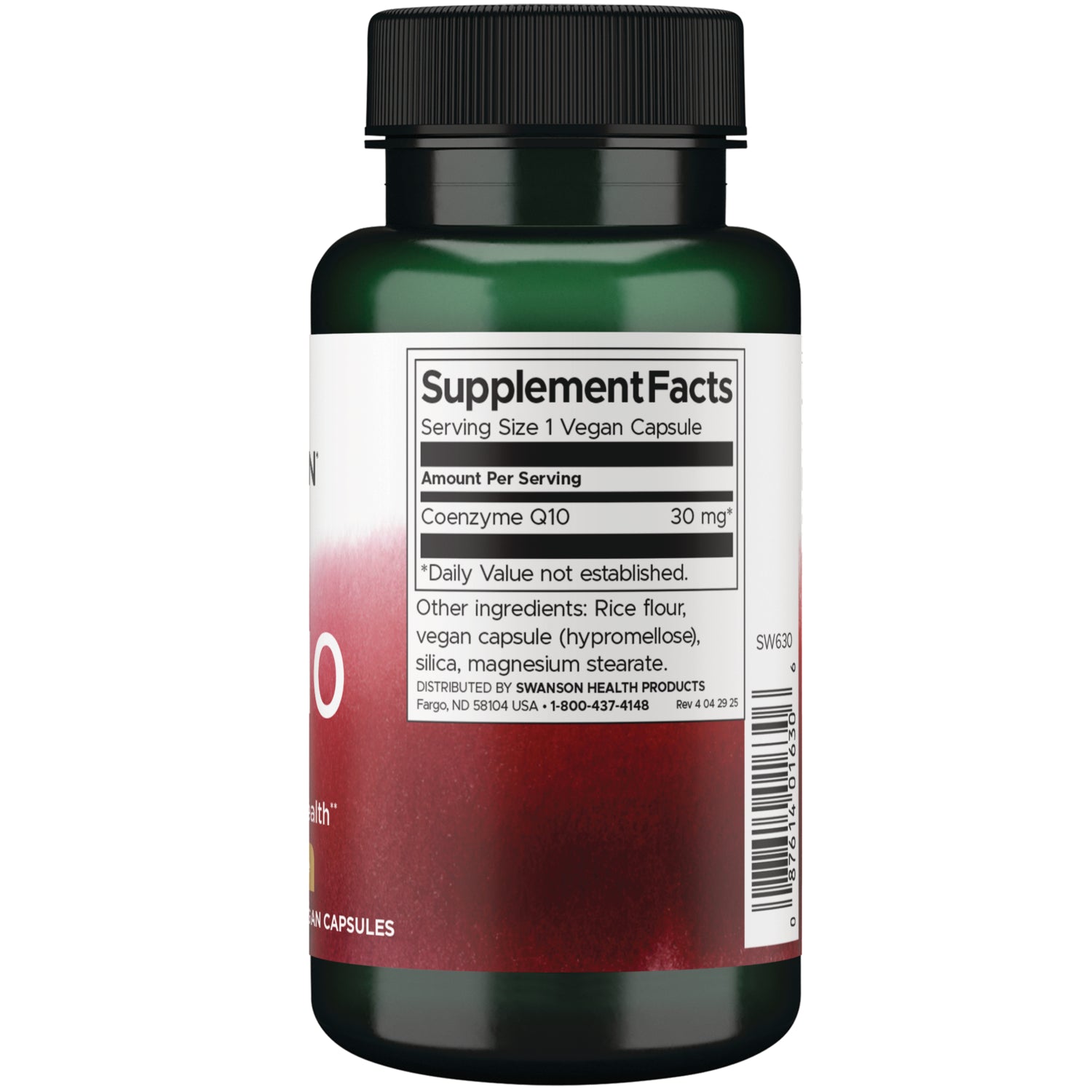 SW630 | Back label with Supplement Facts for Coenzyme Q10 30 mg, serving size 1 vegan capsule
