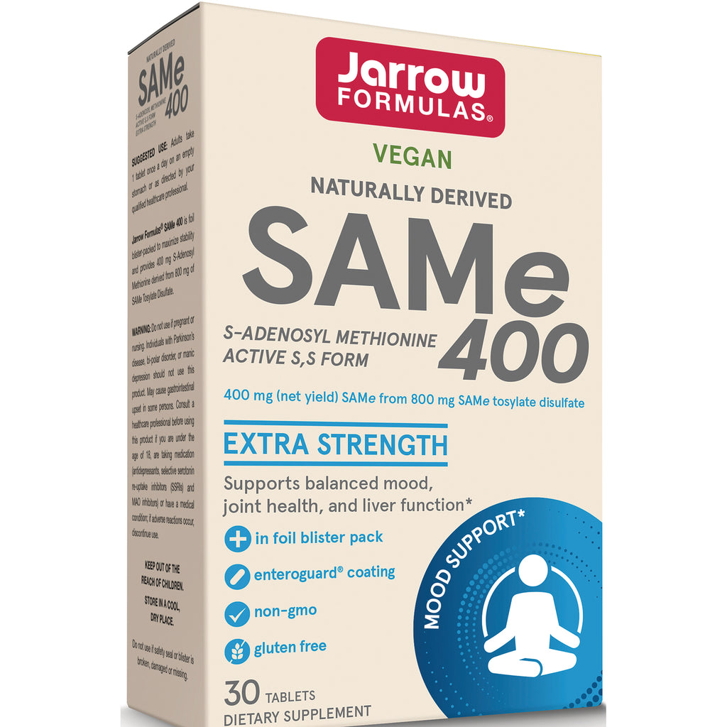 JR041 | Front of Jarrow Formulas SAMe 400 extra strength vegan supplement box showing product name, benefits, and 30 tablets - Thumbnail