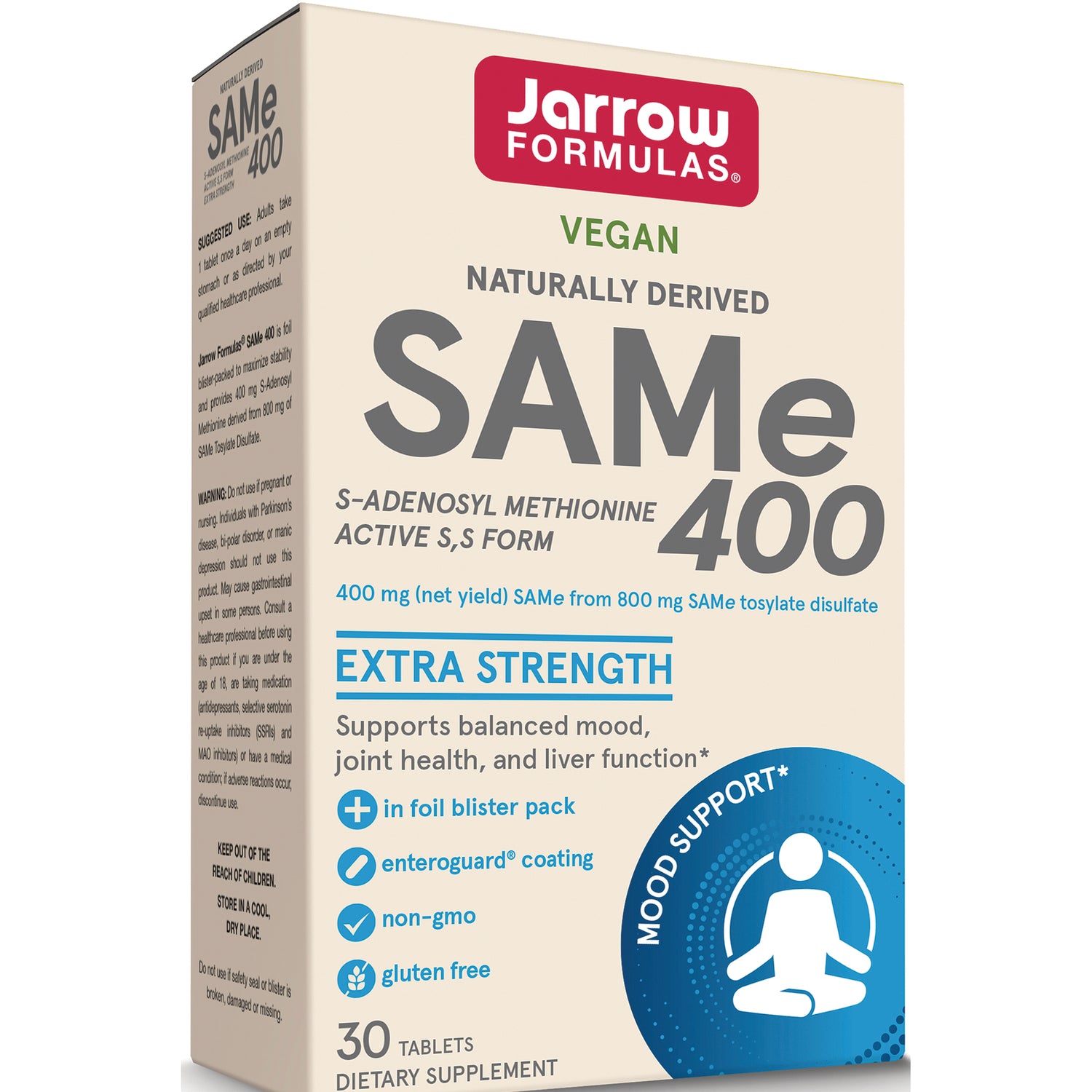 JR041 | Front of Jarrow Formulas SAMe 400 extra strength vegan supplement box showing product name, benefits, and 30 tablets