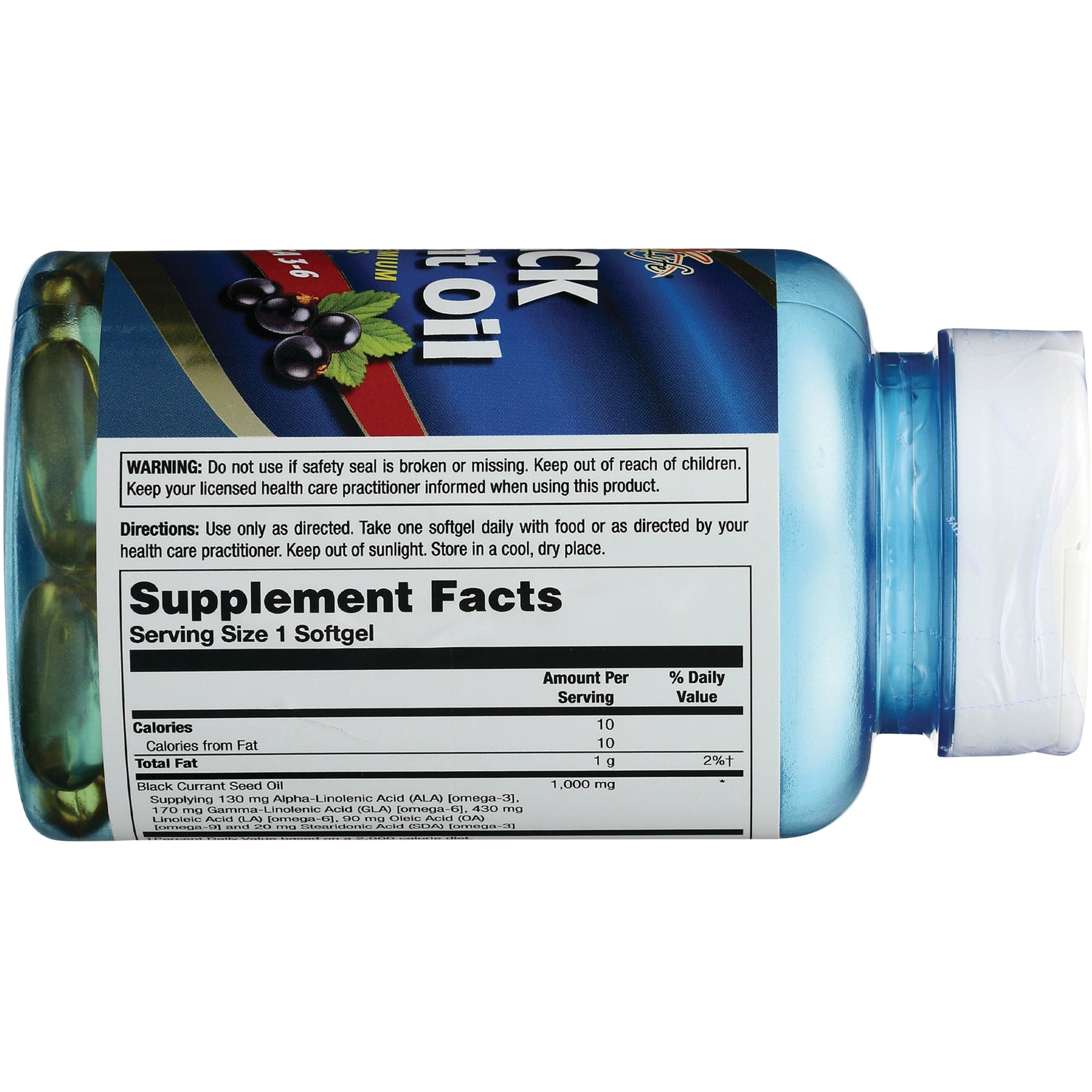 HS025 | Back of blue supplement bottle showing Supplement Facts, serving size 1 softgel, warning box and softgels visible