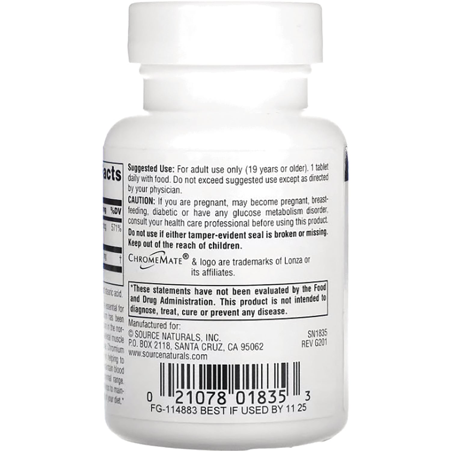 SN520 | Supplement bottle back label with suggested use, caution, FDA disclaimer, and barcode