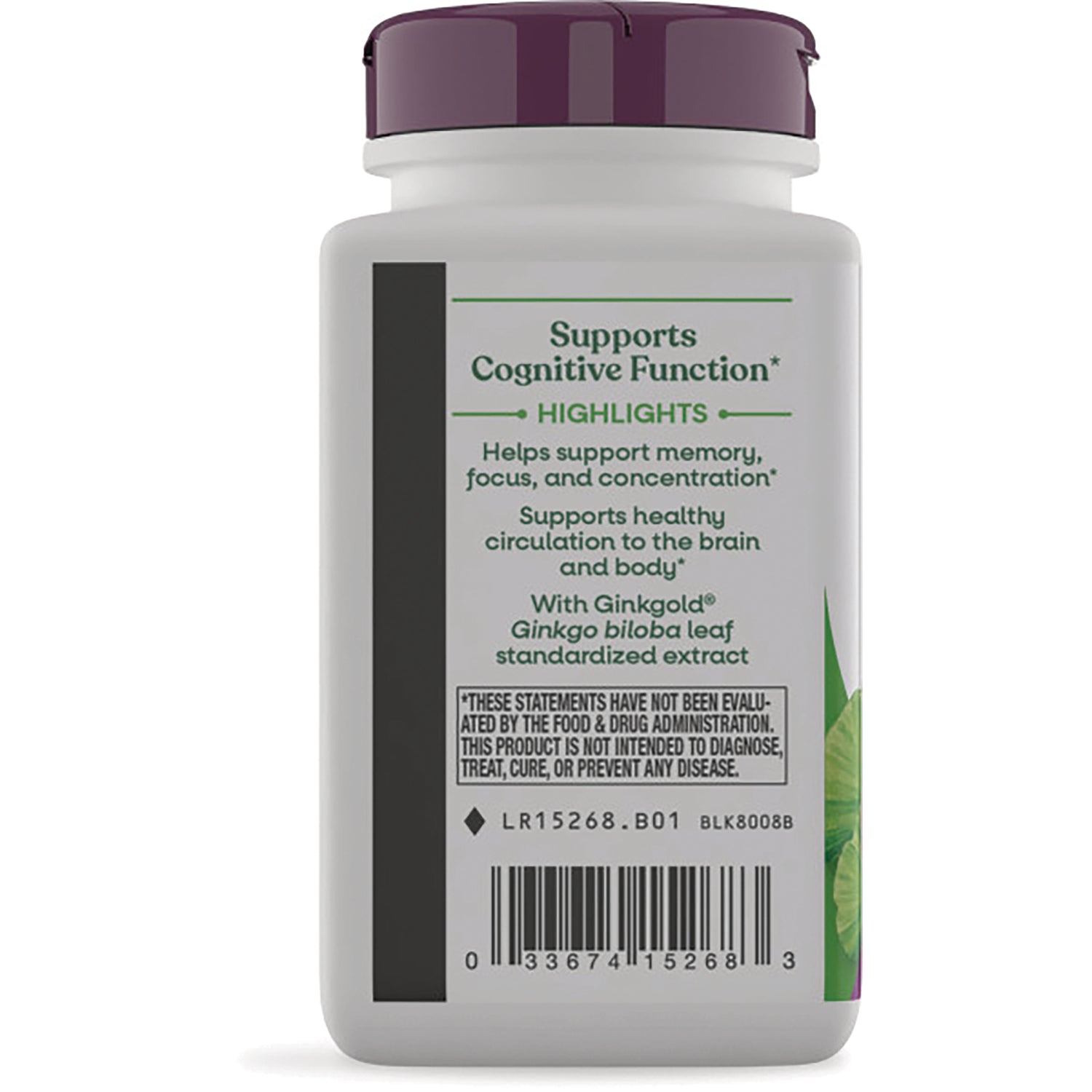 NW656 | Back of white supplement bottle showing Supports Cognitive Function highlights, barcode and label text