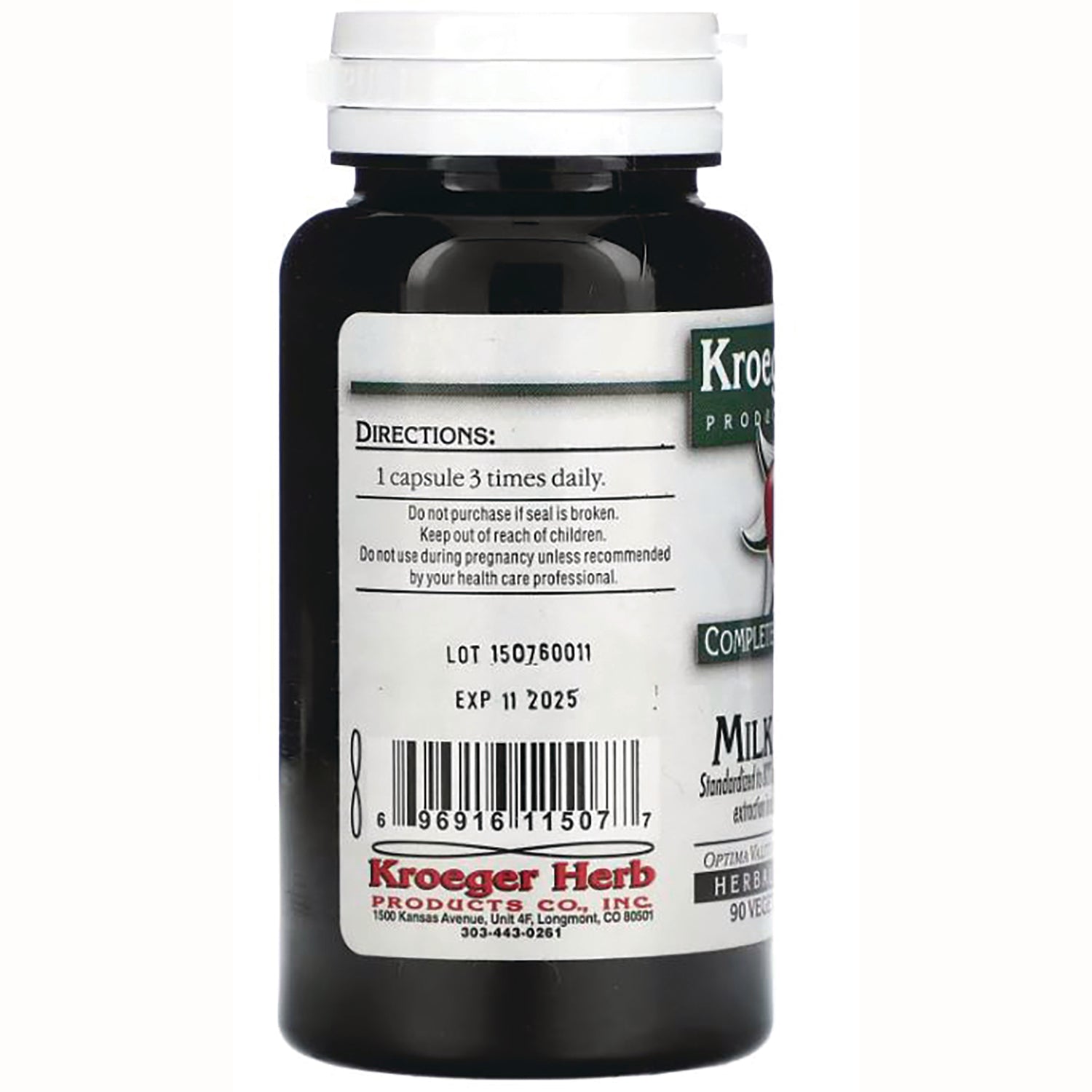 KRG009 | back label of supplement bottle showing directions 1 capsule 3 times daily, lot and EXP 11 2025, and barcode
