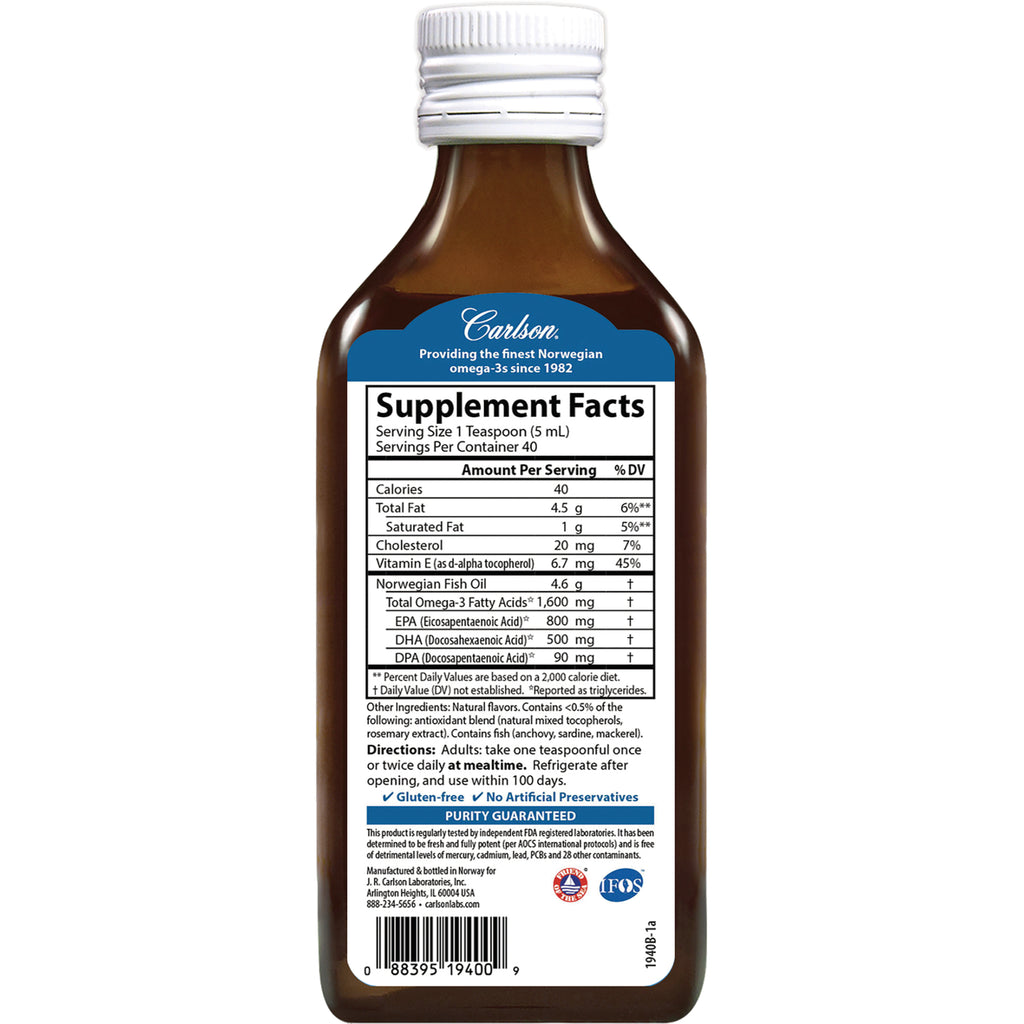 CSN308 | Back label of brown Carlson fish oil bottle showing Supplement Facts panel and directions - Thumbnail