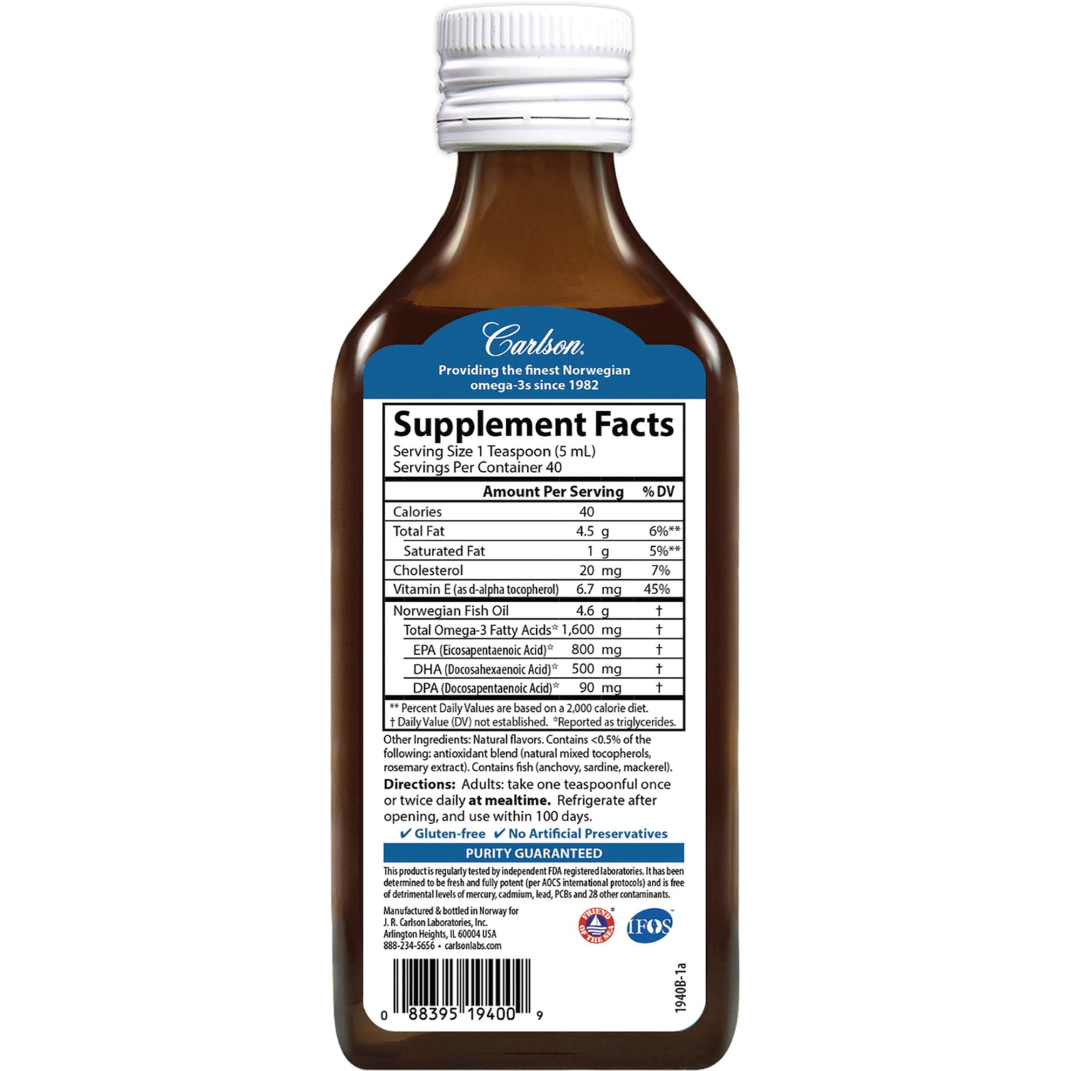 CSN308 | Back label of brown Carlson fish oil bottle showing Supplement Facts panel and directions