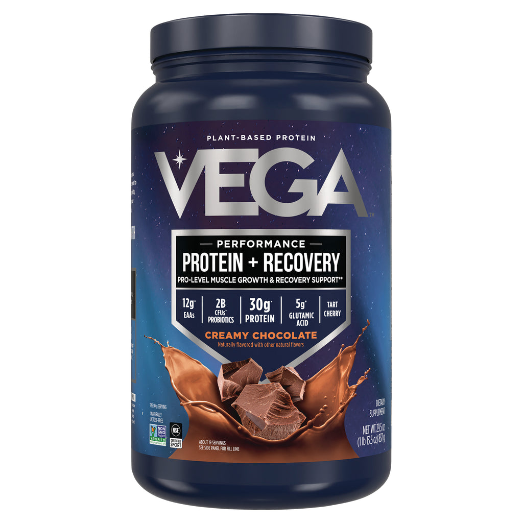 VGA004 | Vega Performance Protein + Recovery, Creamy Chocolate tub, 30g protein, plant-based powder front - Thumbnail