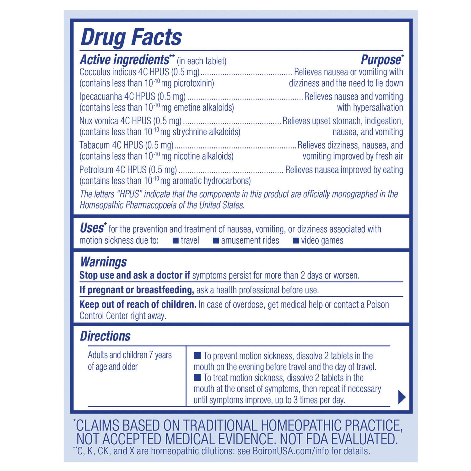 BRN134 | Back panel showing Drug Facts, active ingredients, warnings, and directions for homeopathic motion sickness tablets
