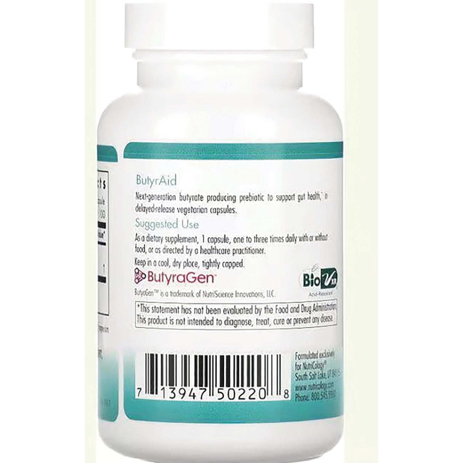 NCL049 | Back of white supplement bottle showing suggested use text, barcode, and ButyraGen logo