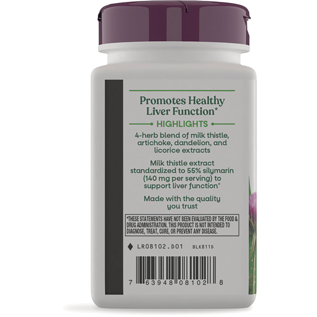 ET264 | back panel reading Promotes Healthy Liver Function; highlights 4-herb milk thistle blend, 55% silymarin amount and barcode - Thumbnail