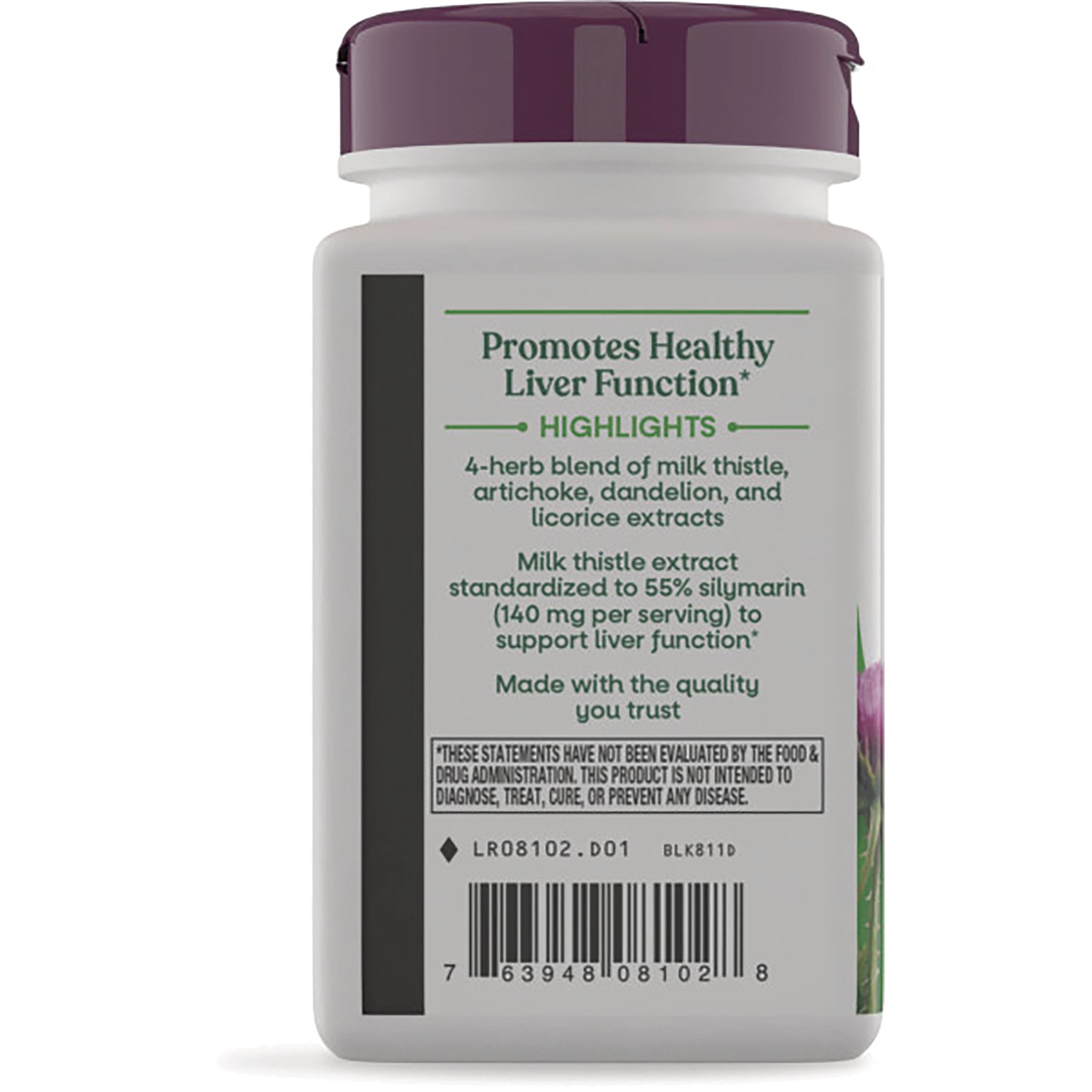 ET264 | back panel reading Promotes Healthy Liver Function; highlights 4-herb milk thistle blend, 55% silymarin amount and barcode