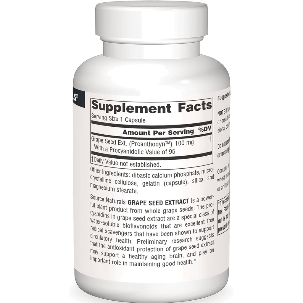 SN644 | Back label with Supplement Facts for grape seed extract, serving size 1 capsule, 100 mg - Thumbnail