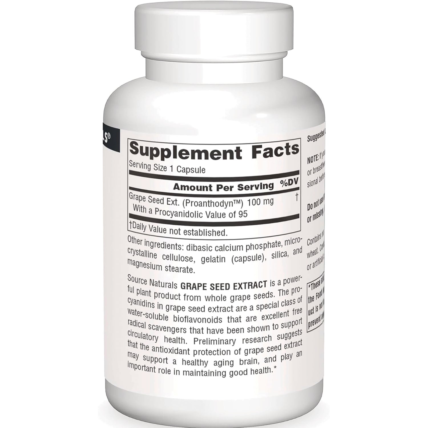 SN644 | Back label with Supplement Facts for grape seed extract, serving size 1 capsule, 100 mg
