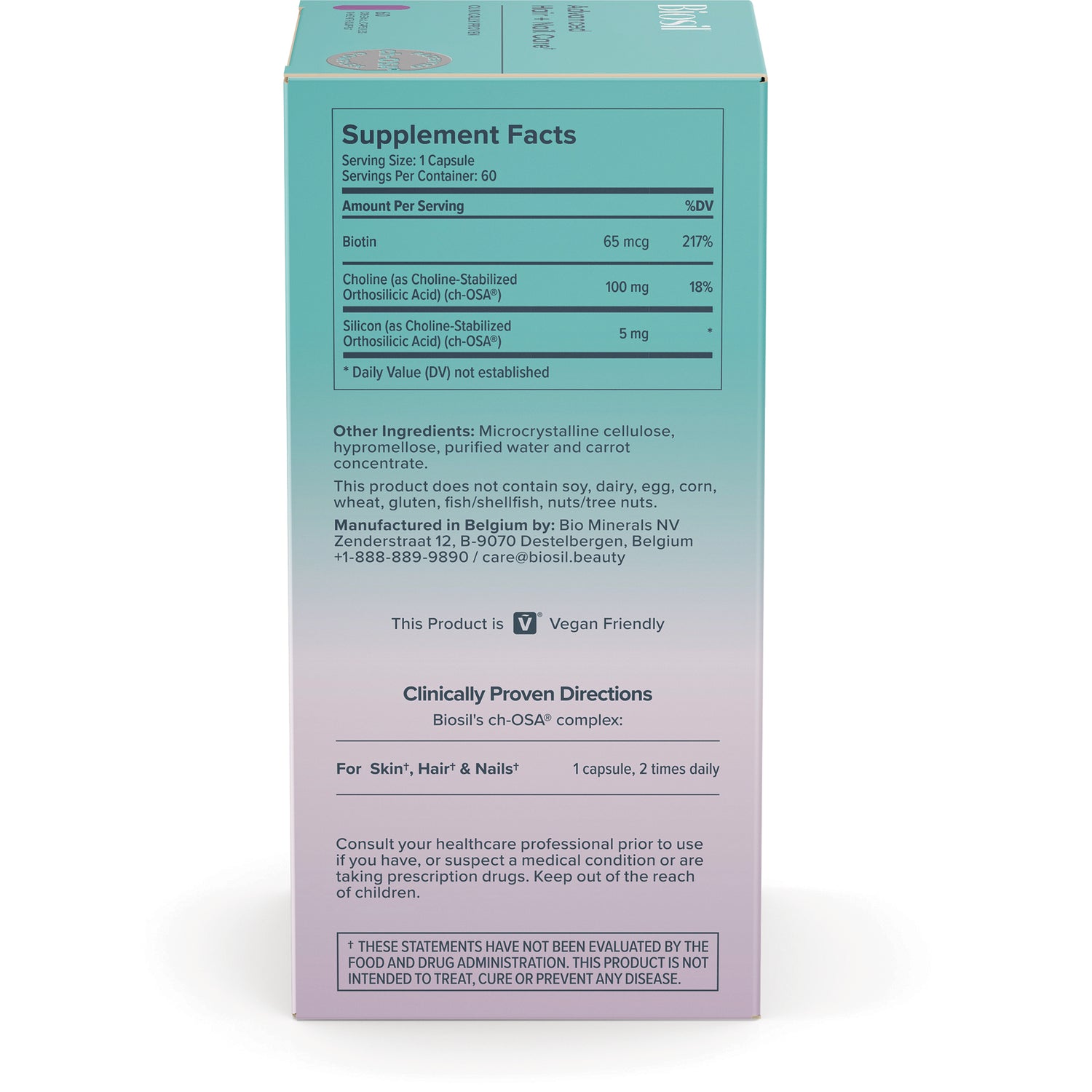 NFC208 | Back of white supplement bottle showing Supplement Facts panel, ingredient list, and allergen icons