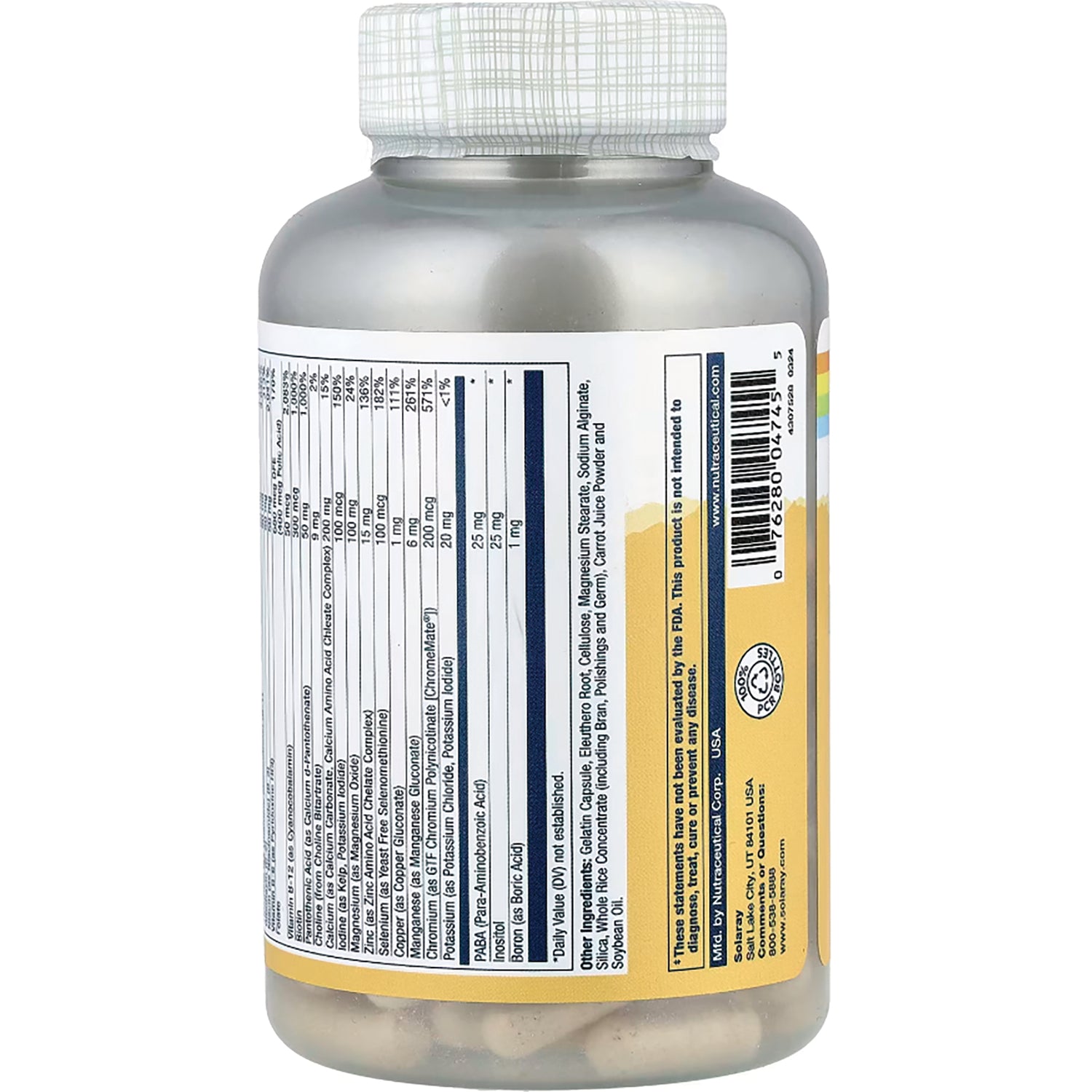SLR414 | Solaray supplement bottle back label with Supplement Facts panel, ingredients, and barcode