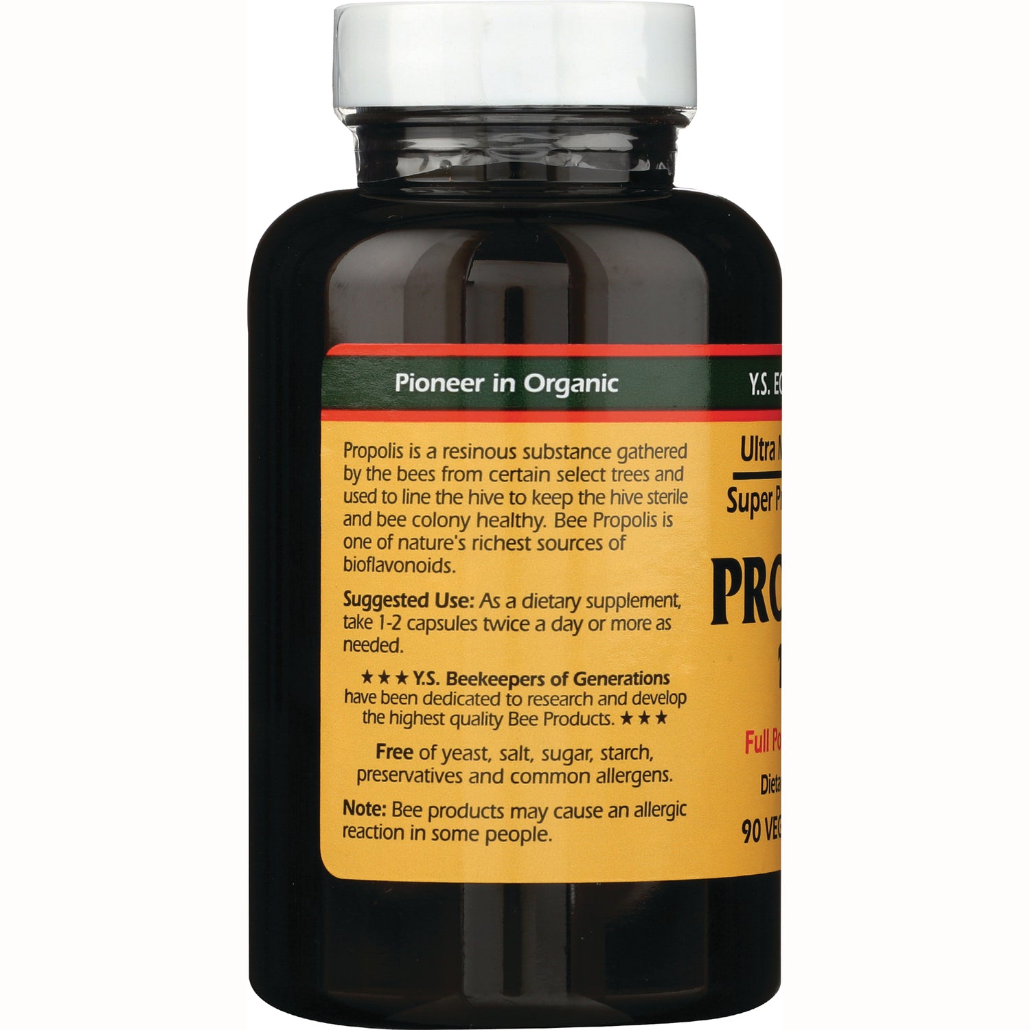 YS013 | Back label of propolis capsules bottle with text: Pioneer in Organic, Suggested Use