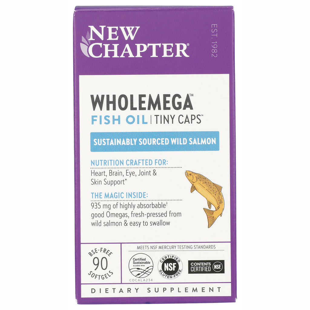 NWC112 | New Chapter Wholemega fish oil tiny caps front packaging, sustainably sourced wild salmon, 90 softgels - Thumbnail