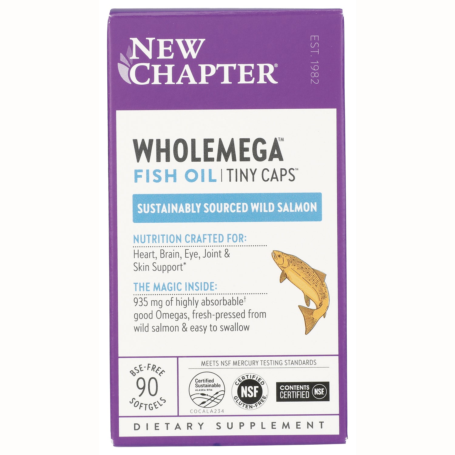 NWC112 | New Chapter Wholemega fish oil tiny caps front packaging, sustainably sourced wild salmon, 90 softgels
