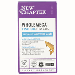 NWC112 | New Chapter Wholemega fish oil tiny caps front packaging, sustainably sourced wild salmon, 90 softgels