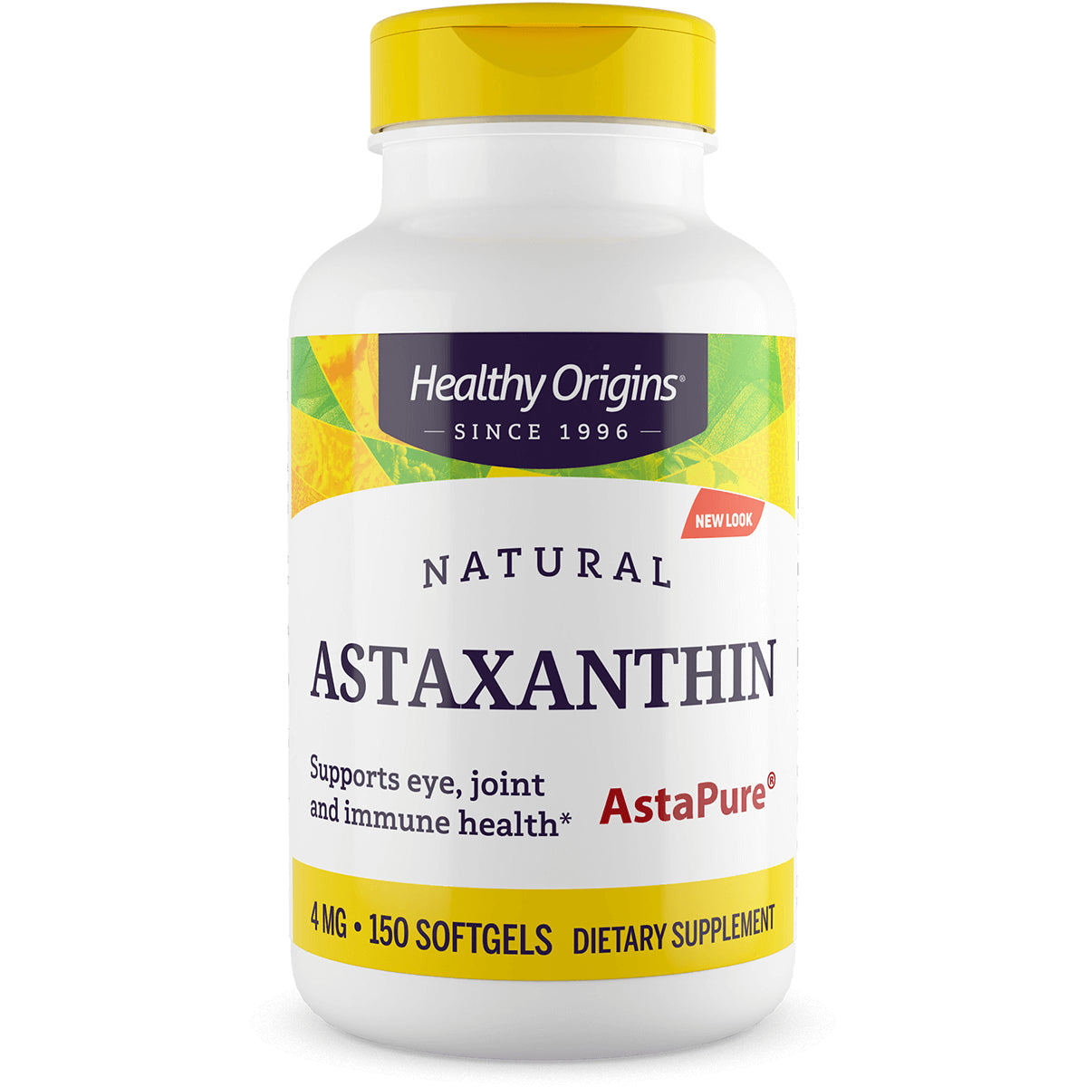 HRG013 | Healthy Origins Natural Astaxanthin supplement bottle, 4 mg 150 softgels, yellow cap