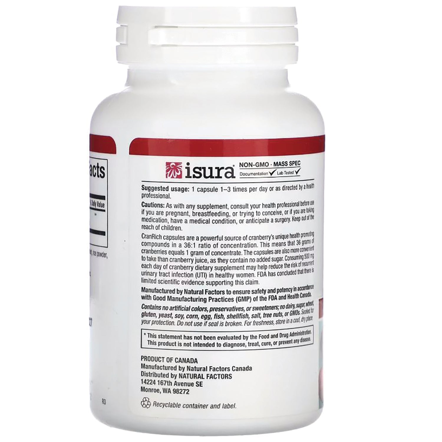 NFC142 | back label of white supplement bottle showing ingredients, cautions, usage directions and manufacturer info