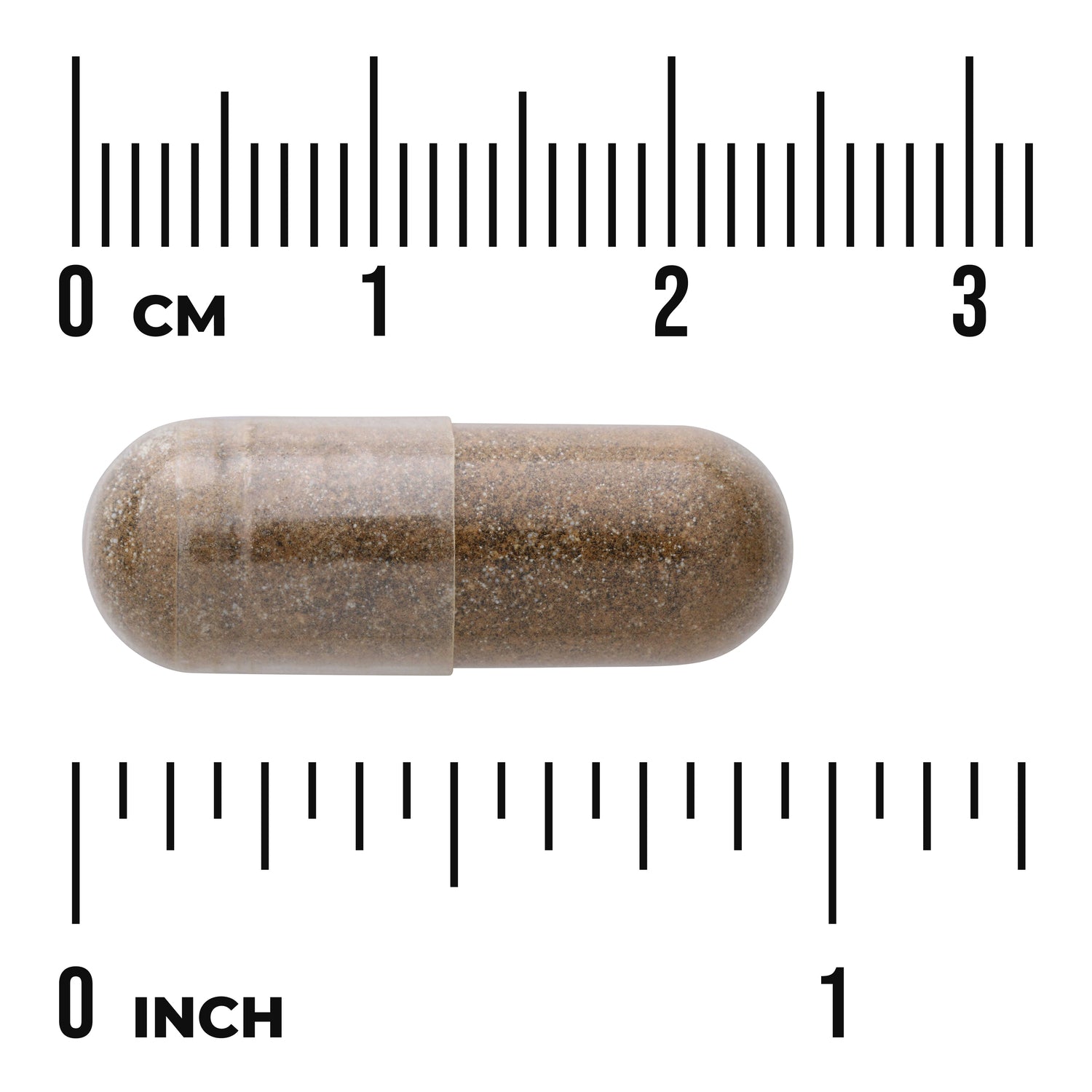 SWH180 | Clear capsule filled with brown powder on rulers showing centimeters and inches to indicate size