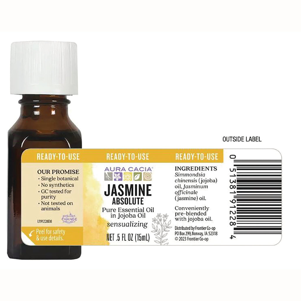 ARC035 | Back label of Jasmine Absolute pure essential oil in jojoba oil showing ingredients, barcode and net .5 fl oz (15 mL) - Thumbnail