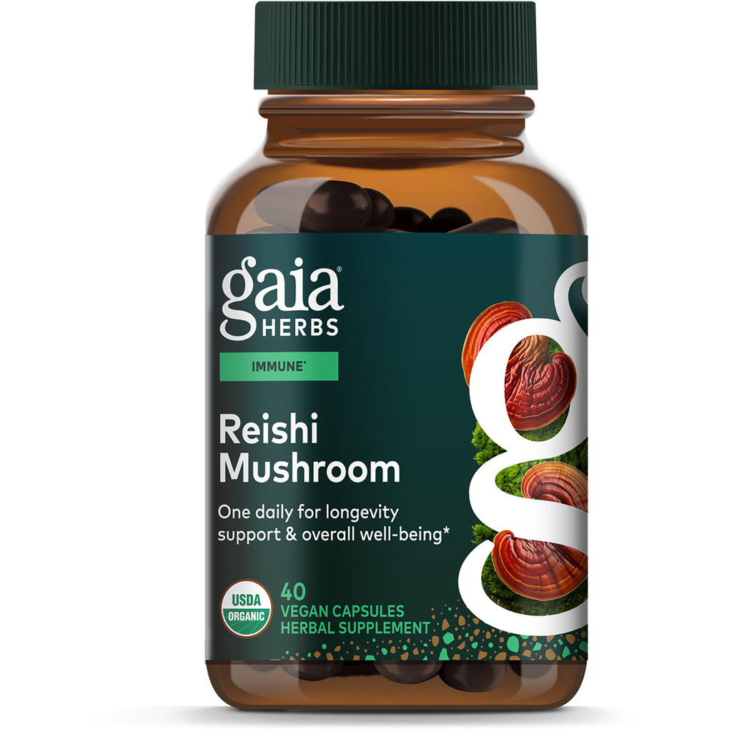 GH149 | Gaia Herbs Reishi Mushroom front of box showing Longevity Support label and 40 vegan capsules - Thumbnail