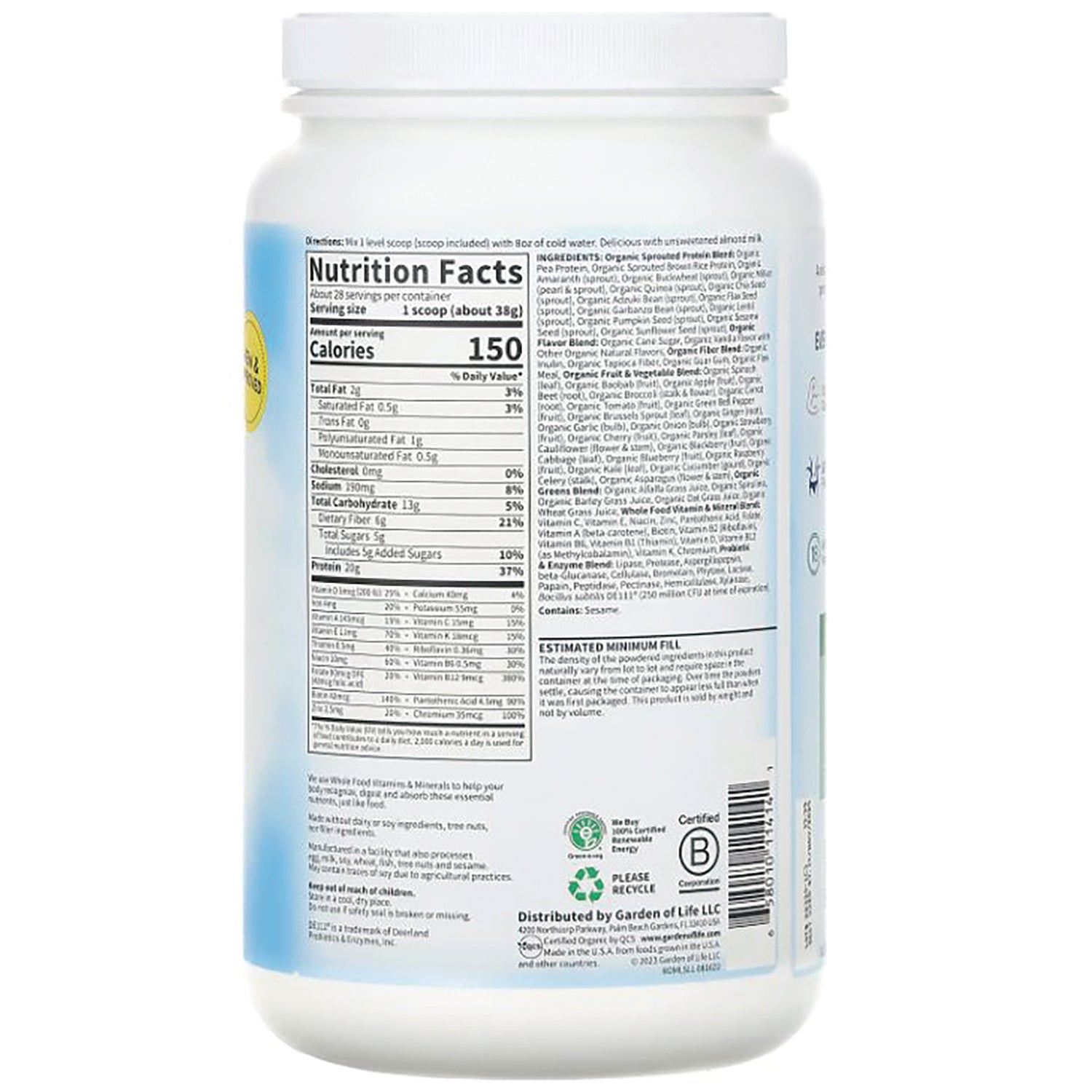 GLF061 | Back of white supplement tub showing Nutrition Facts panel, ingredient list, and barcode