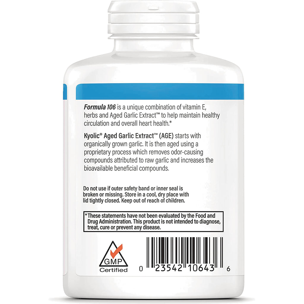 KY081 | back label showing Formula 106 description, Kyolic Aged Garlic Extract information, warnings, GMP Certified logo and barcode - Thumbnail