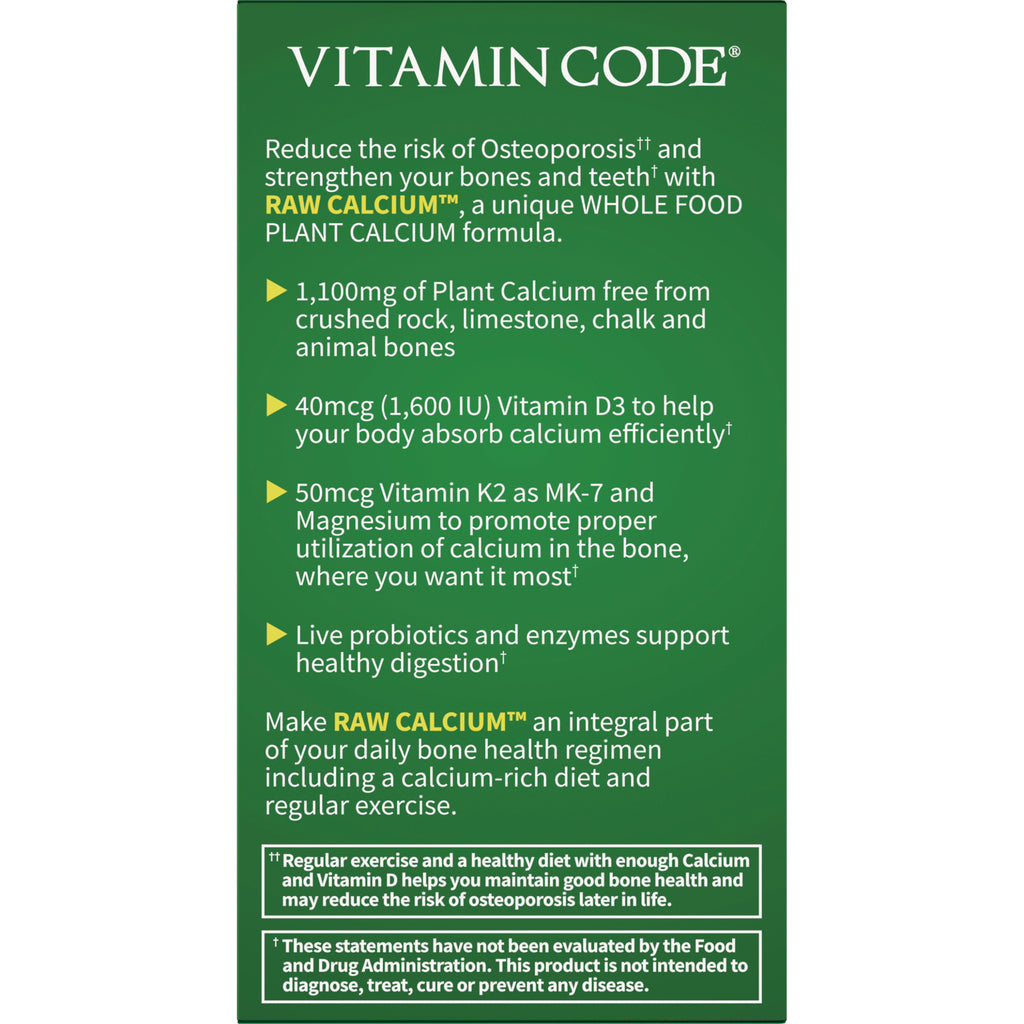 GLF055 | Product infographic panel listing RAW CALCIUM benefits: 1,100 mg plant calcium, 40 mcg (1,600 IU) vitamin D3, 50 mcg vitamin K2, magnesium, probiotics - Thumbnail