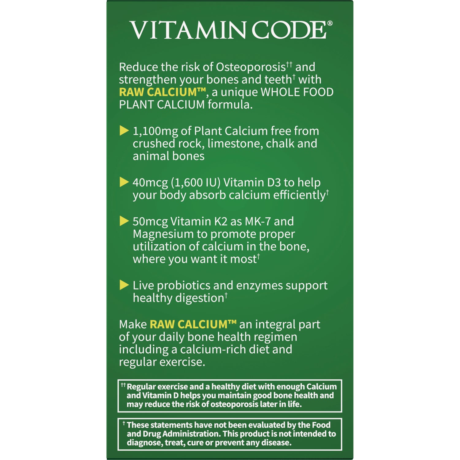 GLF055 | Product infographic panel listing RAW CALCIUM benefits: 1,100 mg plant calcium, 40 mcg (1,600 IU) vitamin D3, 50 mcg vitamin K2, magnesium, probiotics