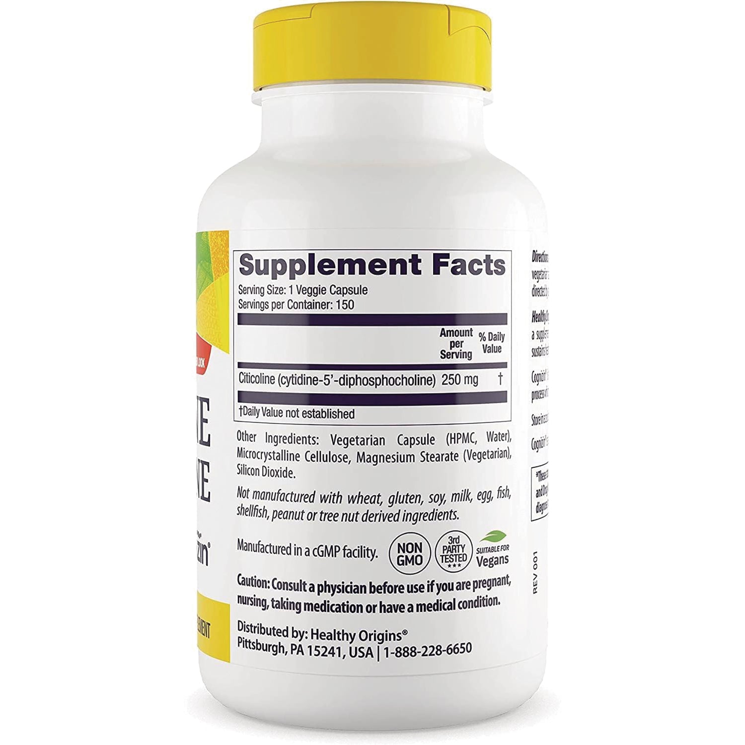 HRG009 | Back label of white supplement bottle with yellow cap showing Supplement Facts panel, ingredients, and warnings