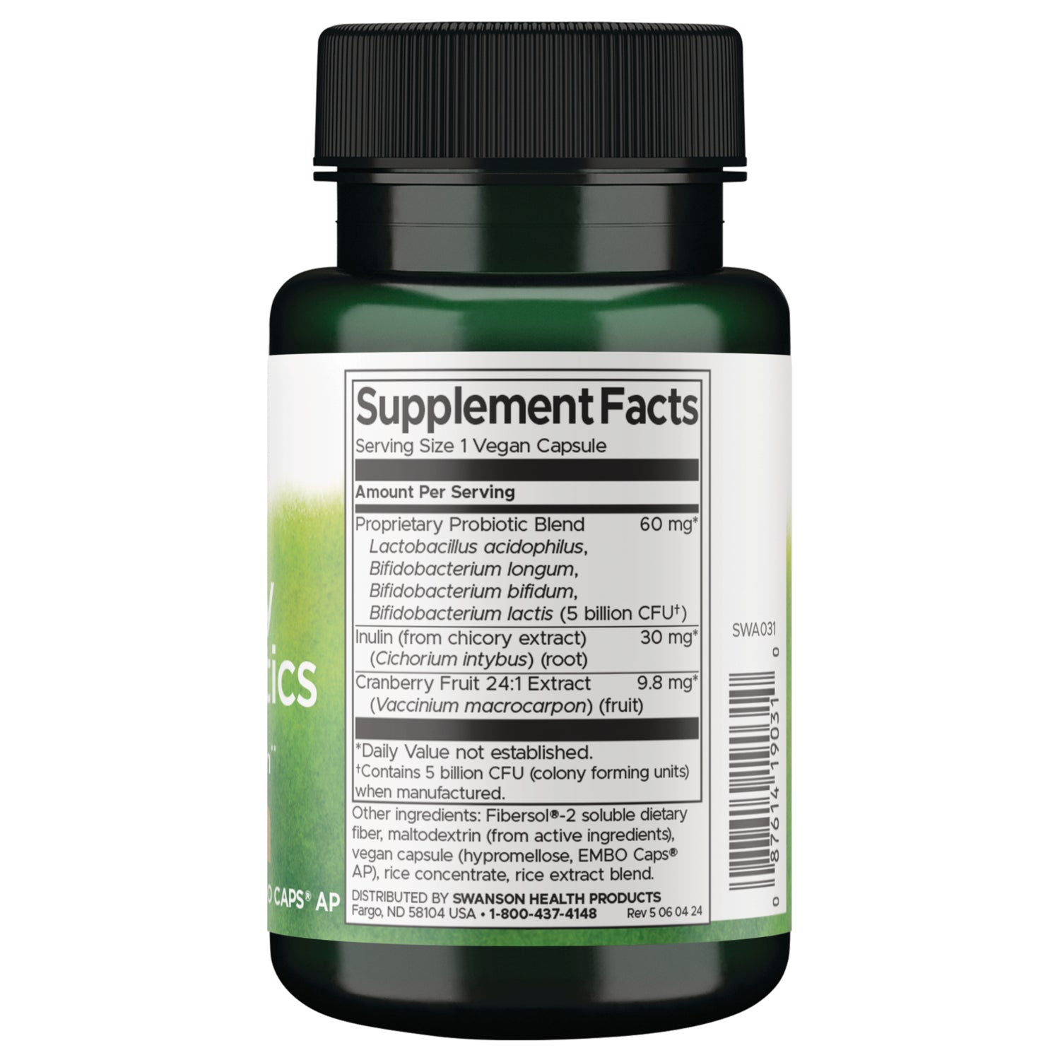 SWA031 | Supplement Facts panel showing proprietary probiotic blend 60 mg, inulin 30 mg, cranberry extract 9.8 mg