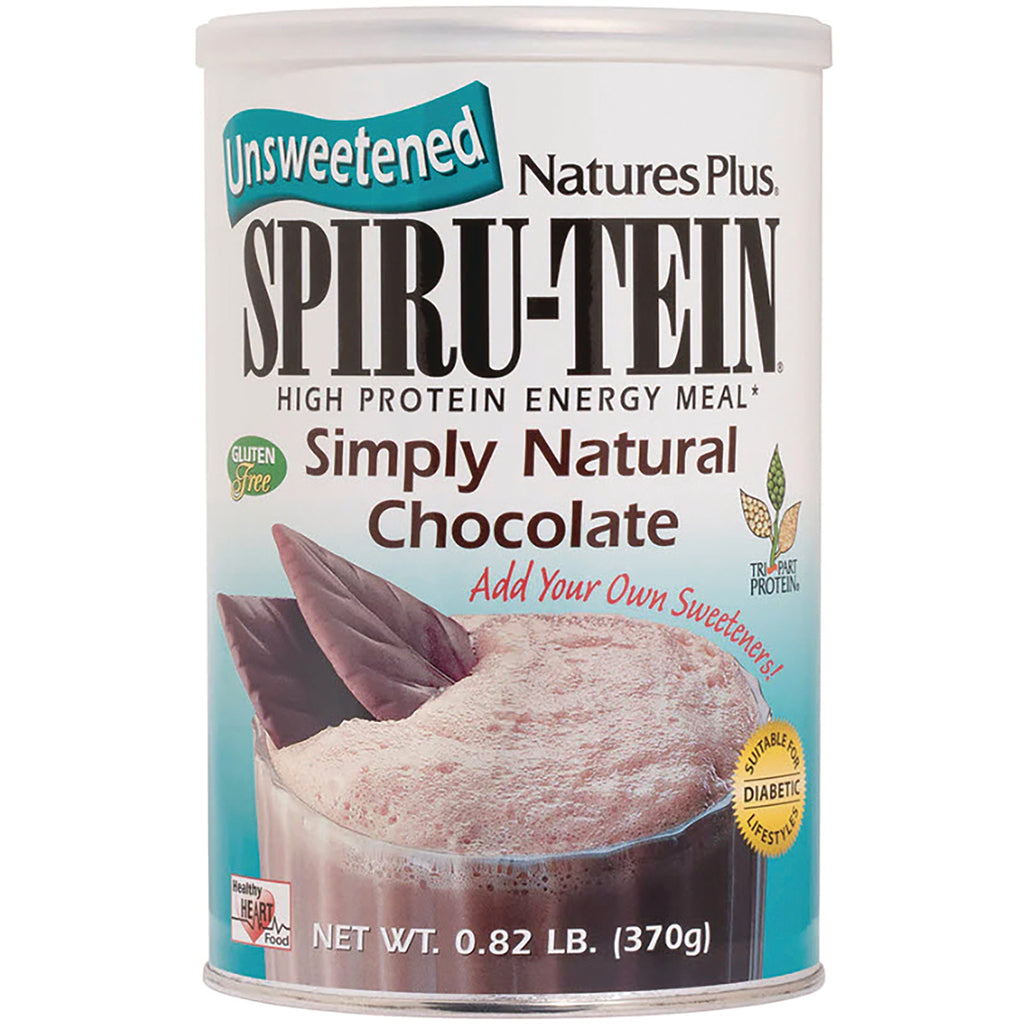 NTP170 | Front of Natures Plus SPIRU-TEIN Simply Natural Chocolate protein powder canister with Unsweetened label - Thumbnail