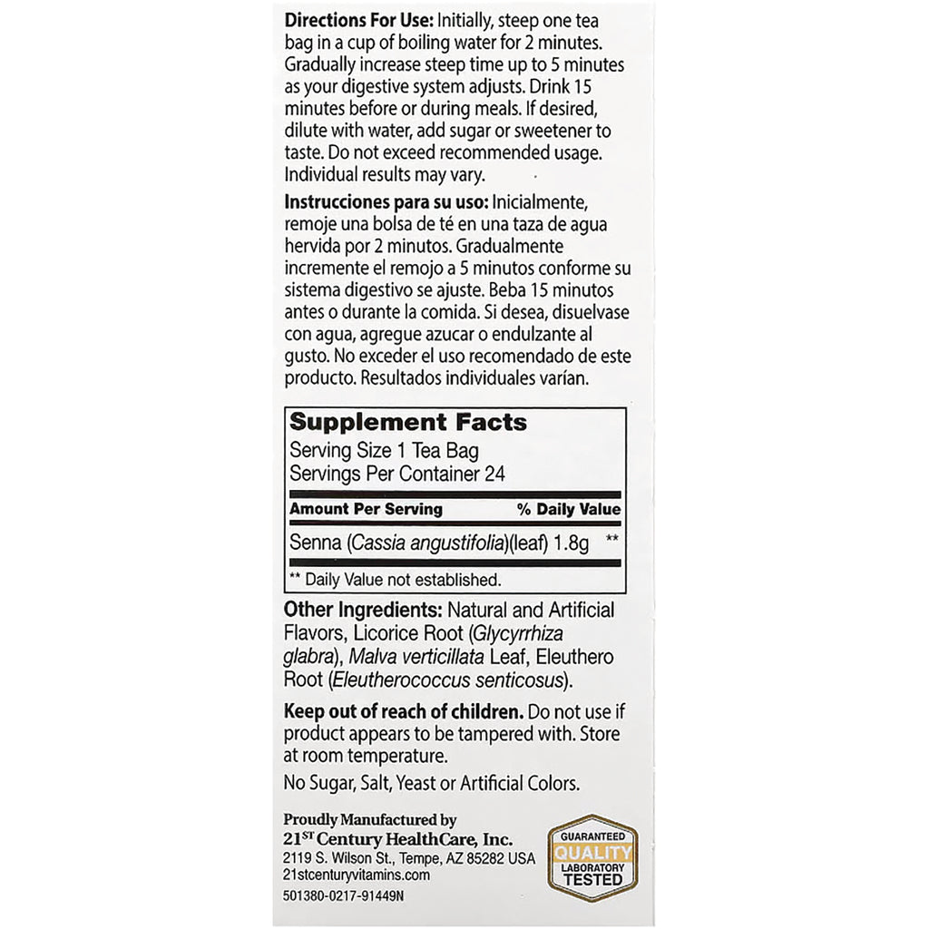 Back panel showing directions, supplement facts, serving size, ingredients, and warnings for senna tea bags - Thumbnail