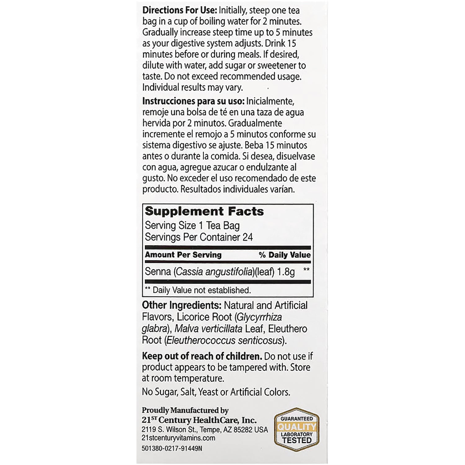 Back panel showing directions, supplement facts, serving size, ingredients, and warnings for senna tea bags