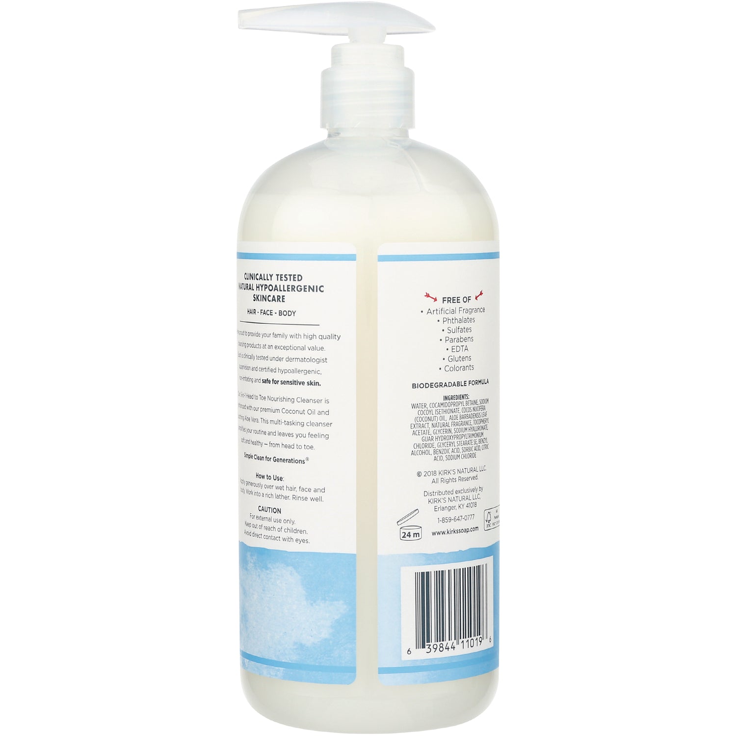 KIR017 | Back label of white pump bottle showing ingredient list, free-of claims, and barcode