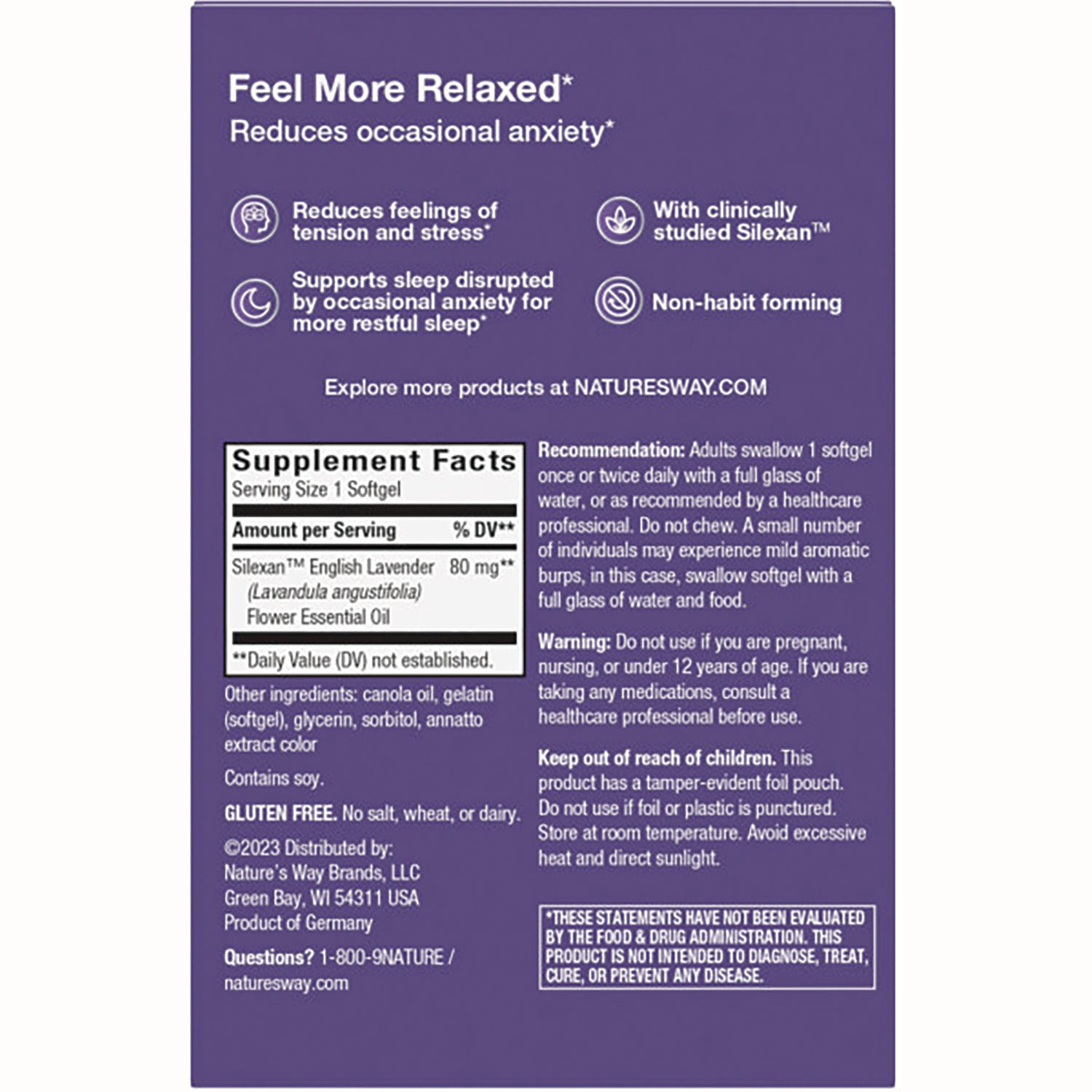 NW819 | Back of purple supplement box showing Feel More Relaxed header, Supplement Facts panel, directions, warnings, and contact info
