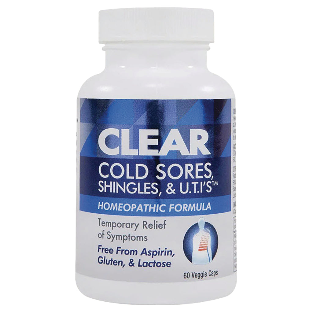 CLP007 | white bottle labeled CLEAR Cold Sores, Shingles, & U.T.I.'s homeopathic formula, 60 veggie caps - Thumbnail