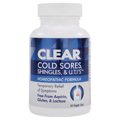 CLP007 | white bottle labeled CLEAR Cold Sores, Shingles, & U.T.I.'s homeopathic formula, 60 veggie caps
