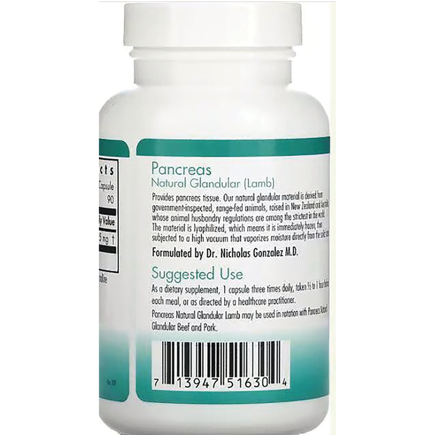 NCL007 | Back of white supplement bottle labeled Pancreas Natural Glandular (Lamb) with suggested use text and barcode