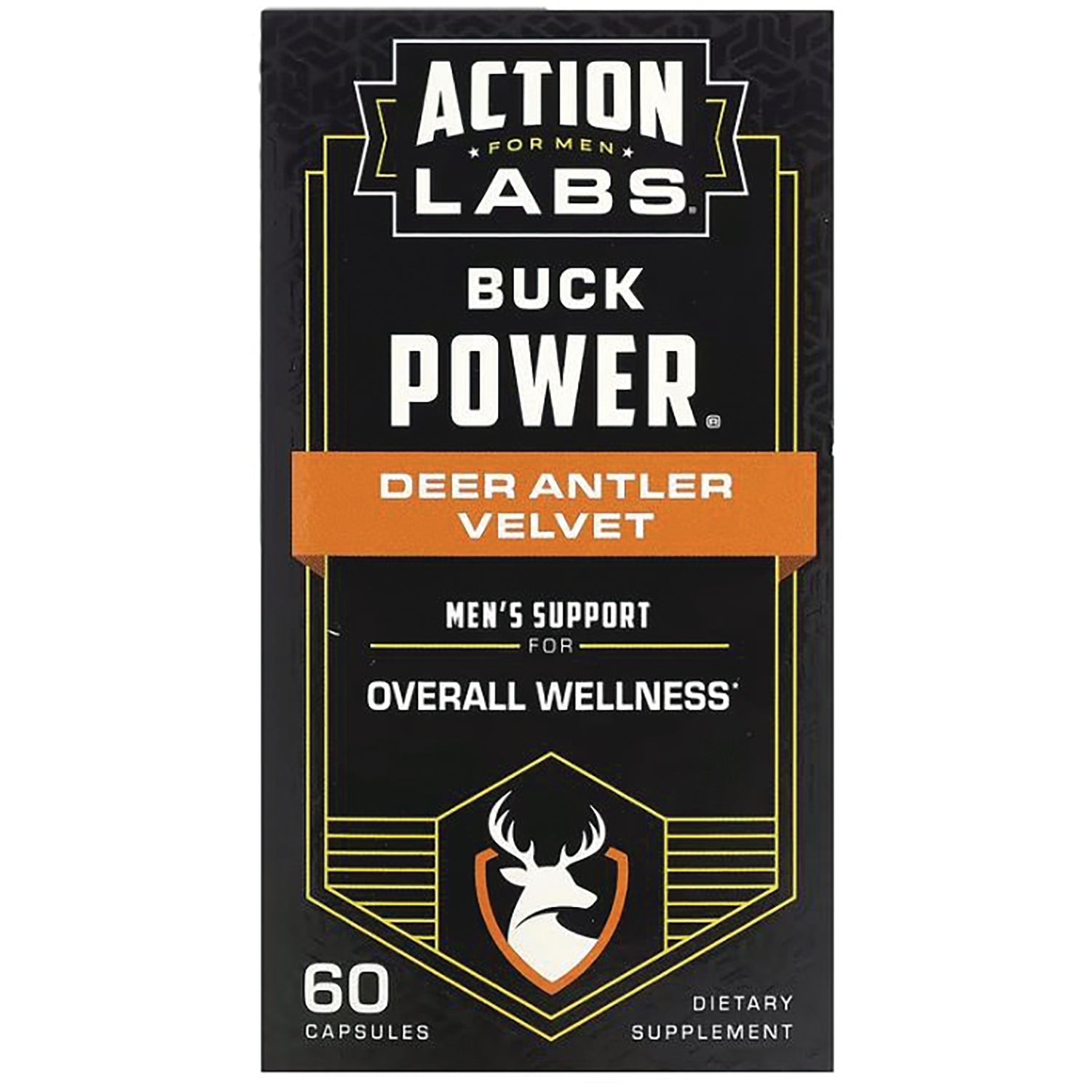 LAB001 | Action Labs Buck Power Deer Antler Velvet supplement front packaging men's support overall wellness 60 capsules