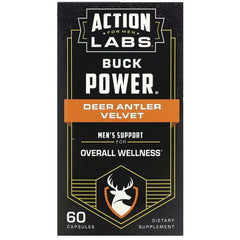 LAB001 | Action Labs Buck Power Deer Antler Velvet supplement front packaging men's support overall wellness 60 capsules