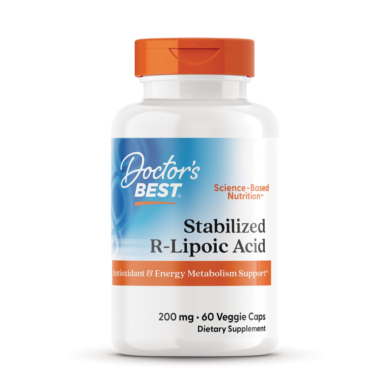 DB169 | Doctor's BEST Stabilized R-Lipoic Acid bottle, 200 mg, 60 veggie caps, white bottle with orange cap
