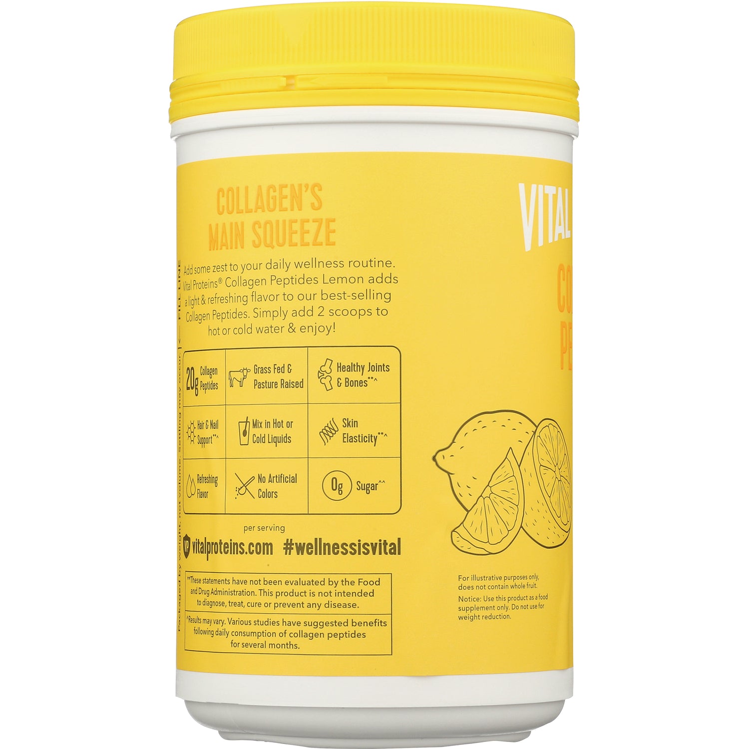 VPR054 | Collagens Main Squeeze panel with icons: 20g collagen peptides, grass fed, skin elasticity, 0g sugar, lemon graphics