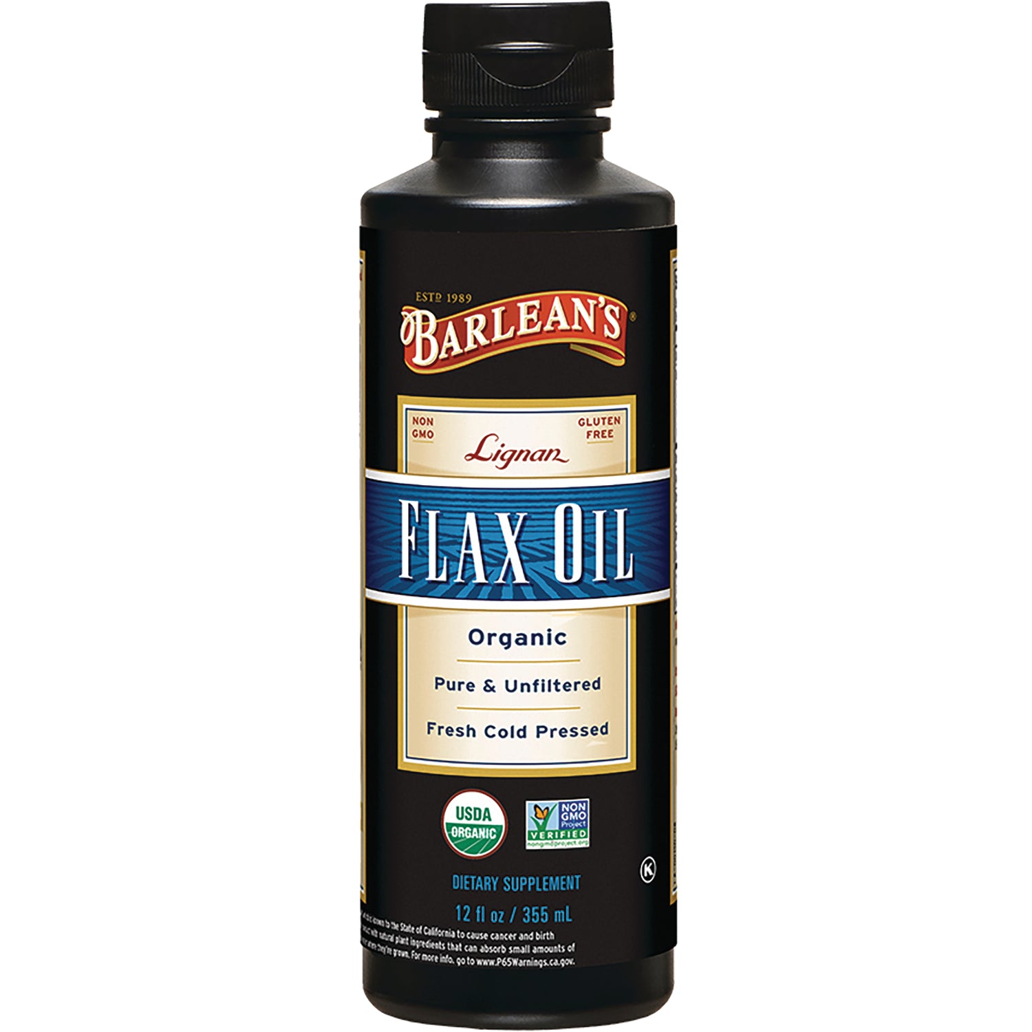 BAR063 | Barlean's Flax Oil bottle front label, organic, pure & unfiltered, 12 fl oz