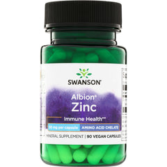 SWU065 | Swanson Albion Zinc supplement, 30 mg per capsule, amino acid chelate, 90 vegan capsules bottle front