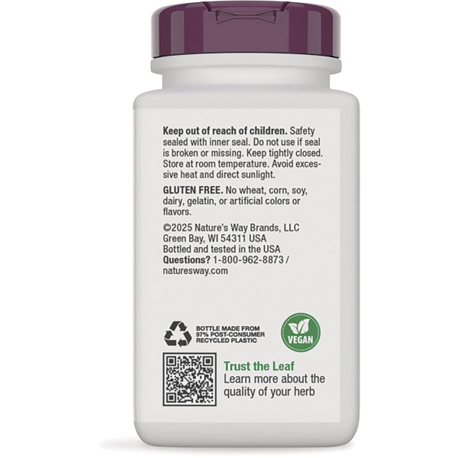 NW533 | Back label of white supplement bottle with safety warnings, gluten free and vegan icons, QR code and company information