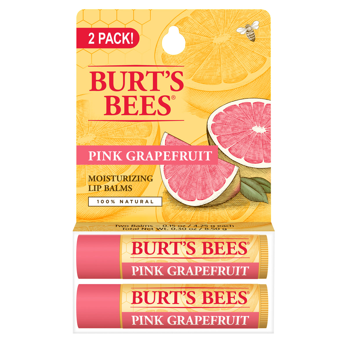 BTB228 | Burt's Bees Pink Grapefruit moisturizing lip balm two-pack with two tubes and front card packaging